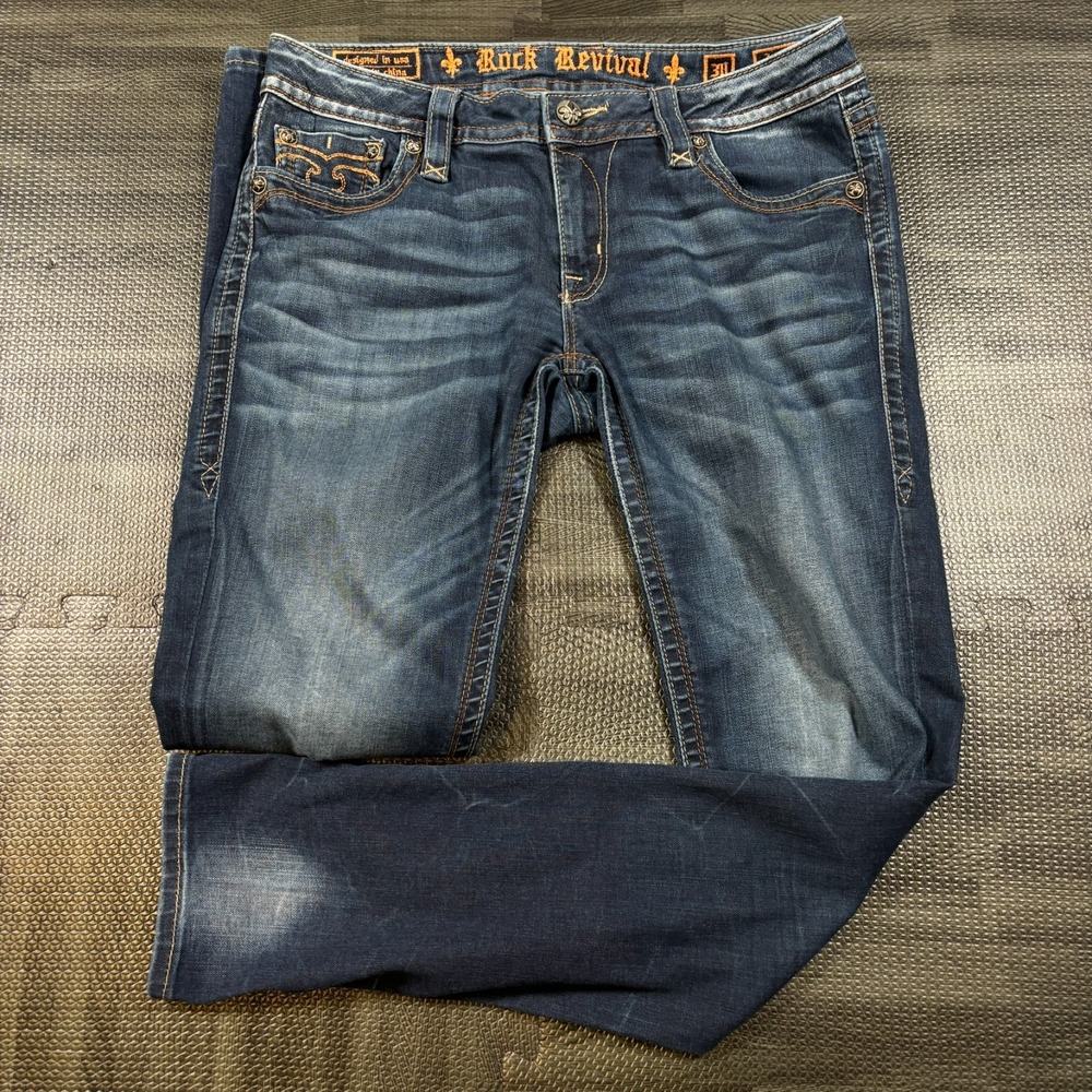Rock Revival Jessica Skinny Jeans Womans 30 (fits 32x31) Blue Whiskers